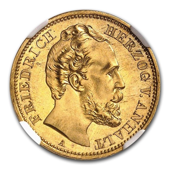 1875 German States Anhalt-Dessau Gold 20 Mark MS-66 NGC 1875 German States Anhalt-Dessau Gold 20 Mark MS-66 NGC
